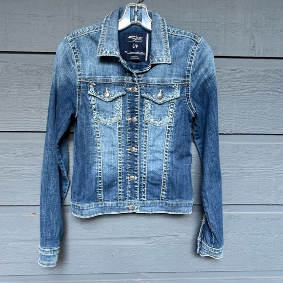 SILVER CLASSIC JEAN JACKET EMBROIDERY POCKETS SIZE SMALL  PETITE - Picture 1 of 11